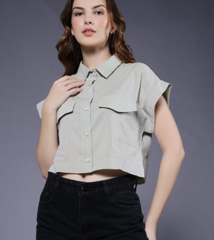 Women Solid Crop Shirt - Mint Green
