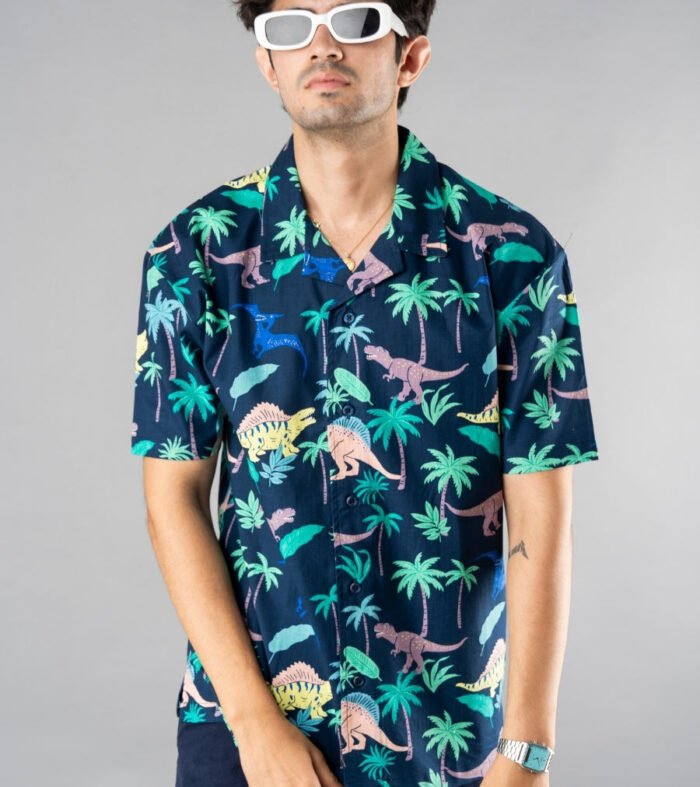 Mens Cuban Collar Printed Casual Shirt