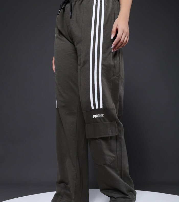 Women Premium Terry Cargo Pants with Side Stripes - Olive Green
