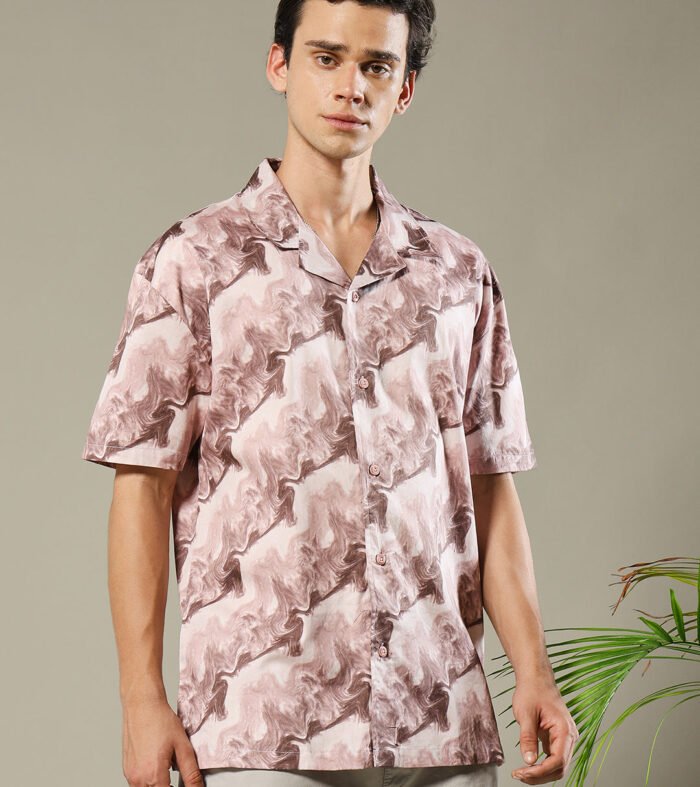 Mens Cuban Collar Printed Casual Shirt