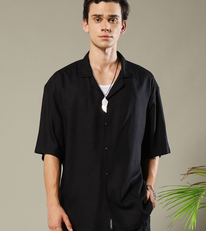 Solid Mens Fluidic Oversized Shirt - Black