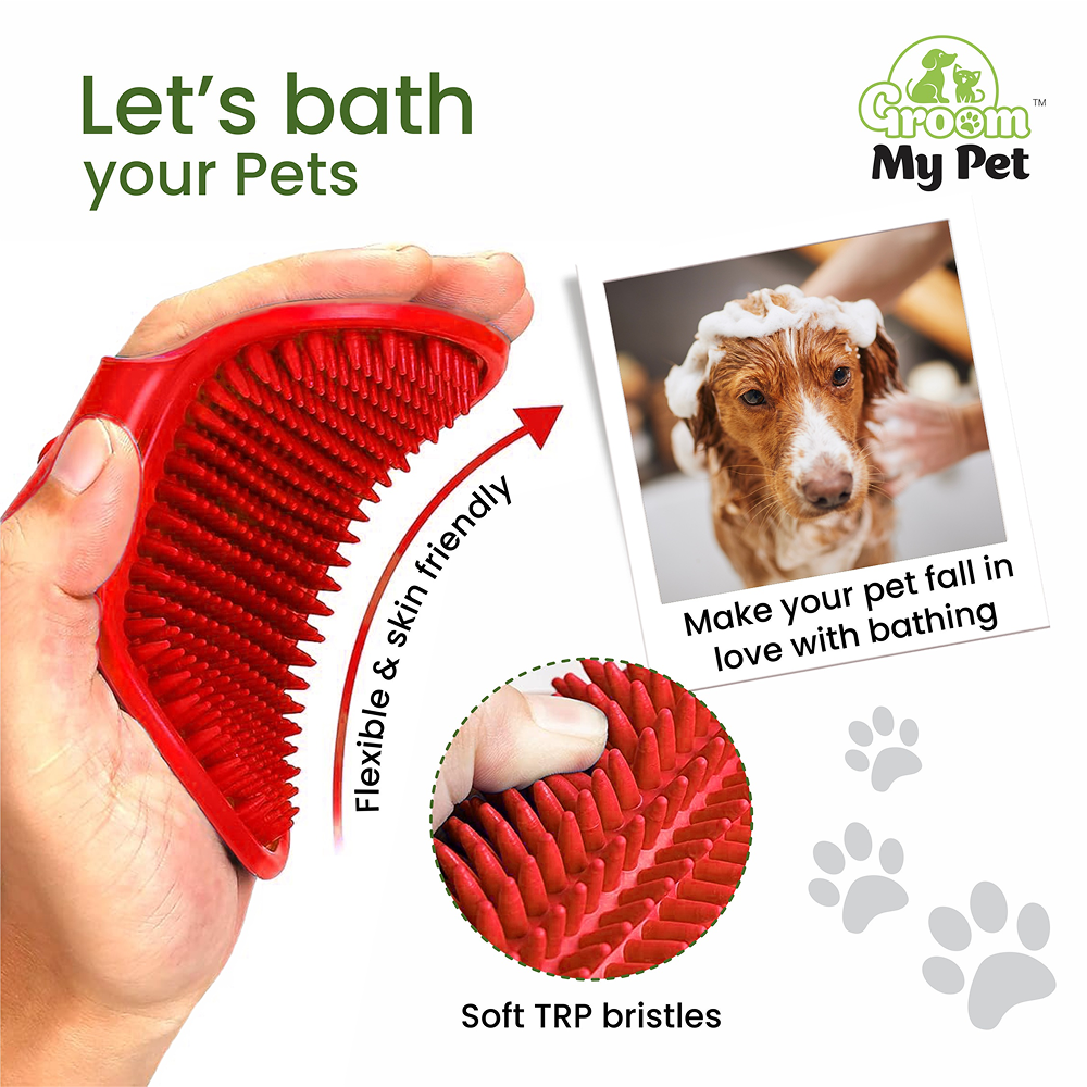 Groom My Pet Bathing & Grooming Hand Brush for Dogs and Cats (Red) - Image 2