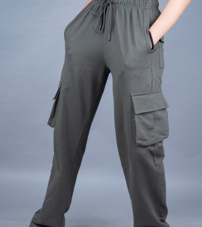 Women Premium Terry Cargo Pants - Olive Green