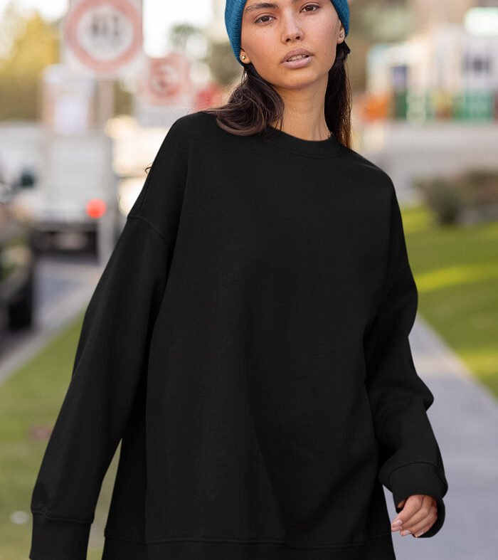 Solid Women Drop Shoulder Premium Sweatshirt | Black | Pronk