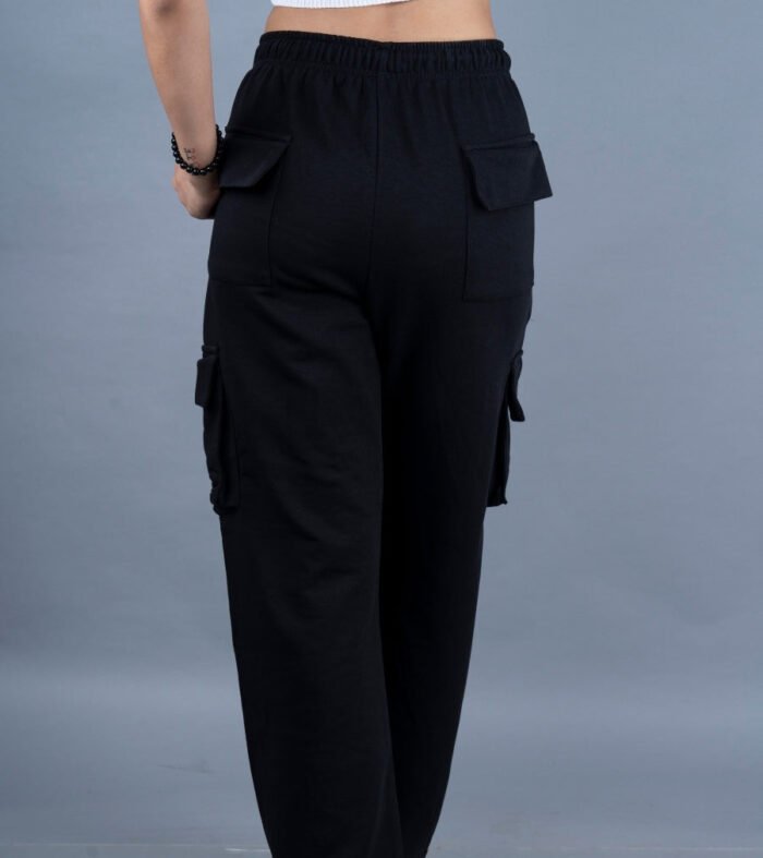 Women Premium Terry Cargo Pants - Black