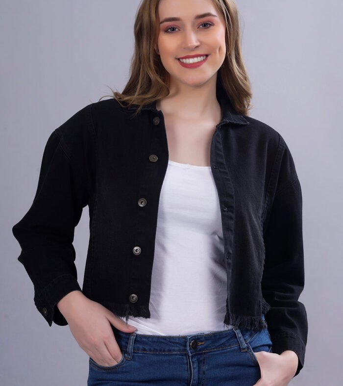Cropped Black Denim Jacket For Womens