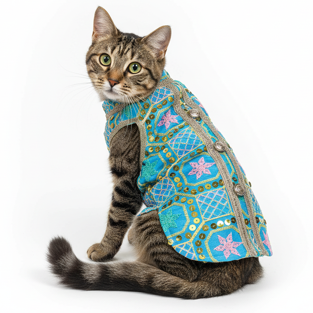 Pawsindia Traditional Nawabi Embroidered Kurta for Cats (Sky Blue)