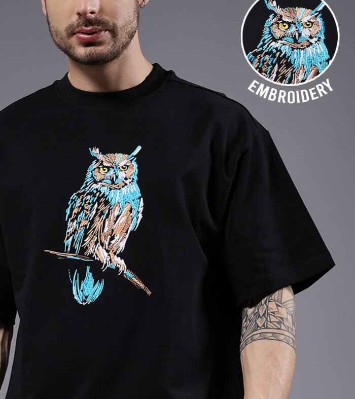 Owl Embroidered Men Premium Oversized Terry T-shirt
