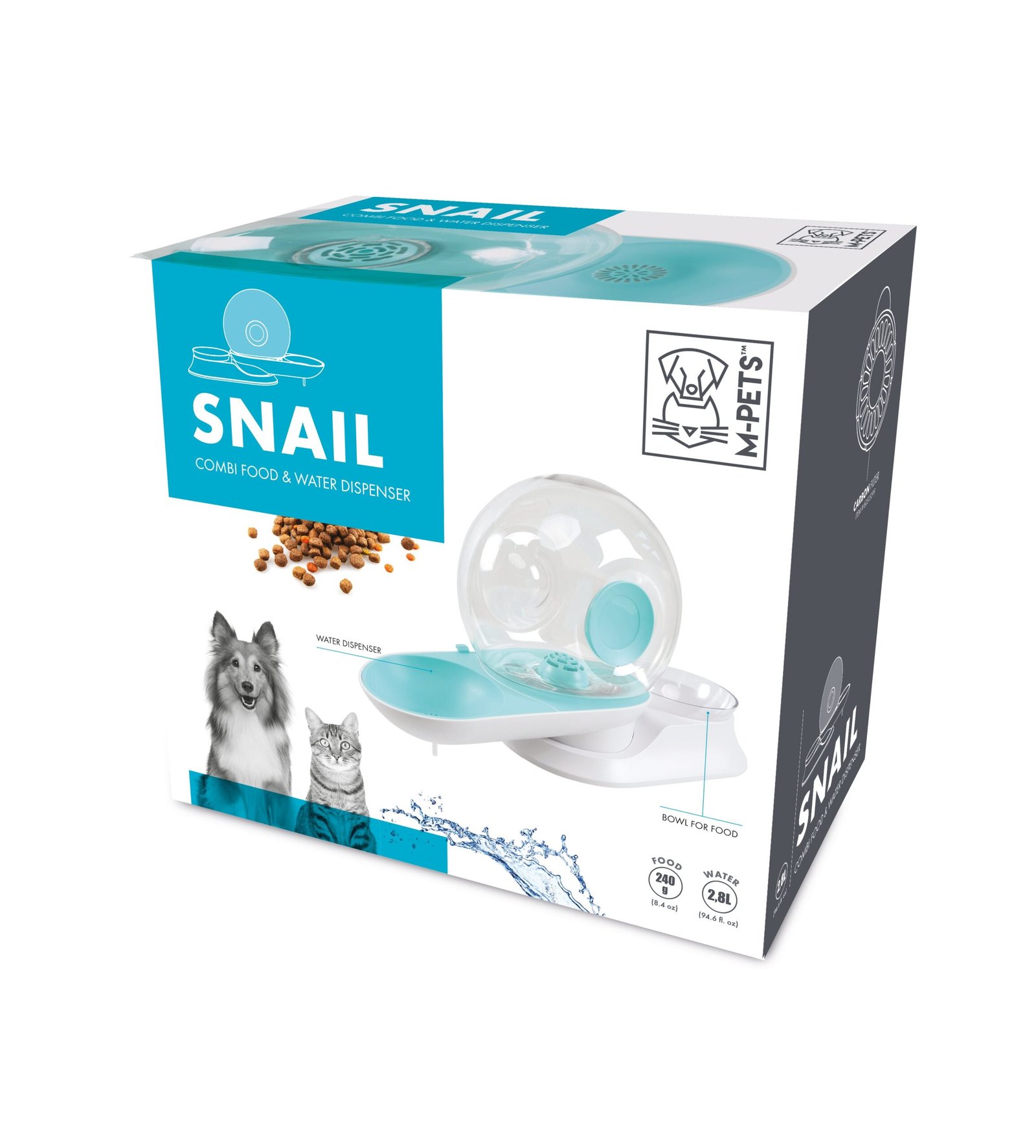 M Pets Snail Combi Food & Water Dispenser for Dogs and Cats (White &Turquoise)