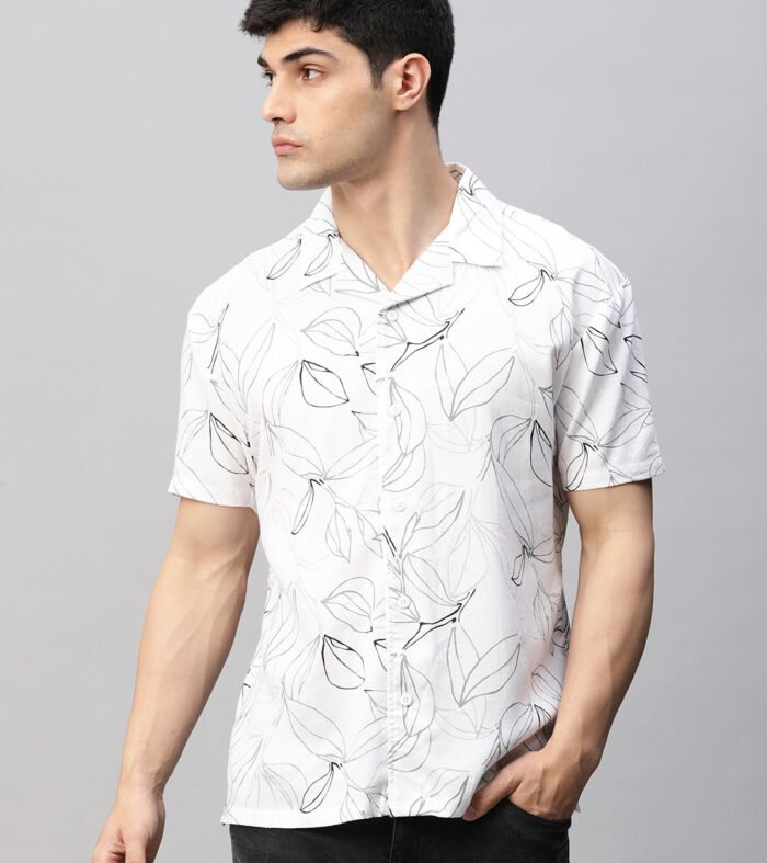 Mens Cuban Collar Printed Casual Shirt