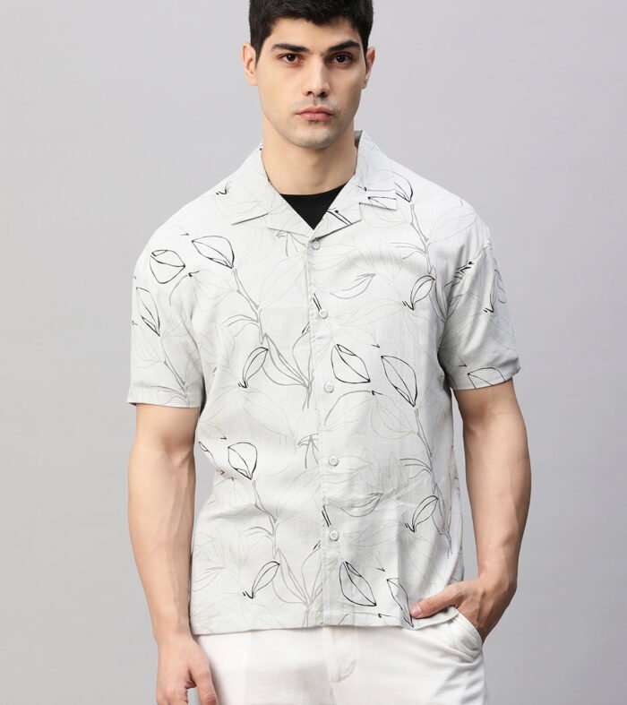 Mens Half Sleeve Leaf Printed Shirt Grey