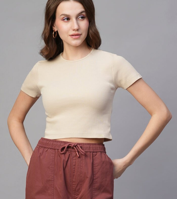 Pronk Ribbed Half Sleeve Crop Top Off White