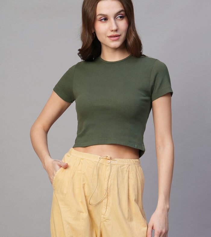 Pronk Ribbed Half Sleeve Crop Top - Olive Green