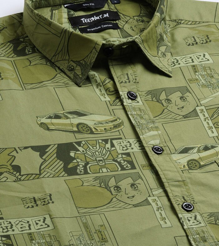Anime Printed Mens Half Sleeve Shirt - Basil Green