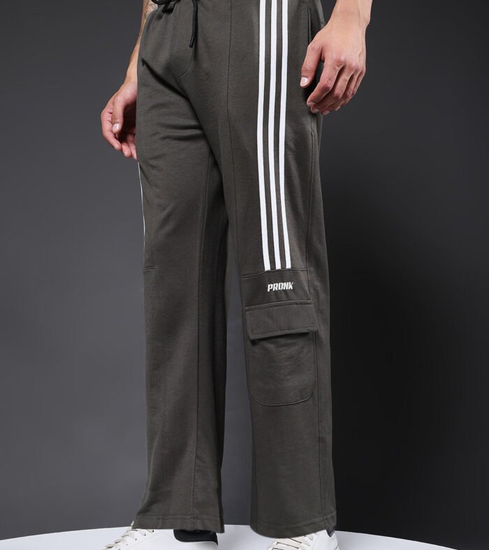 Men Premium Terry Cargo Pants with Side Stripes - Olive Green