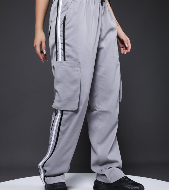 Women Striped Cargo Joggers - Ash Grey