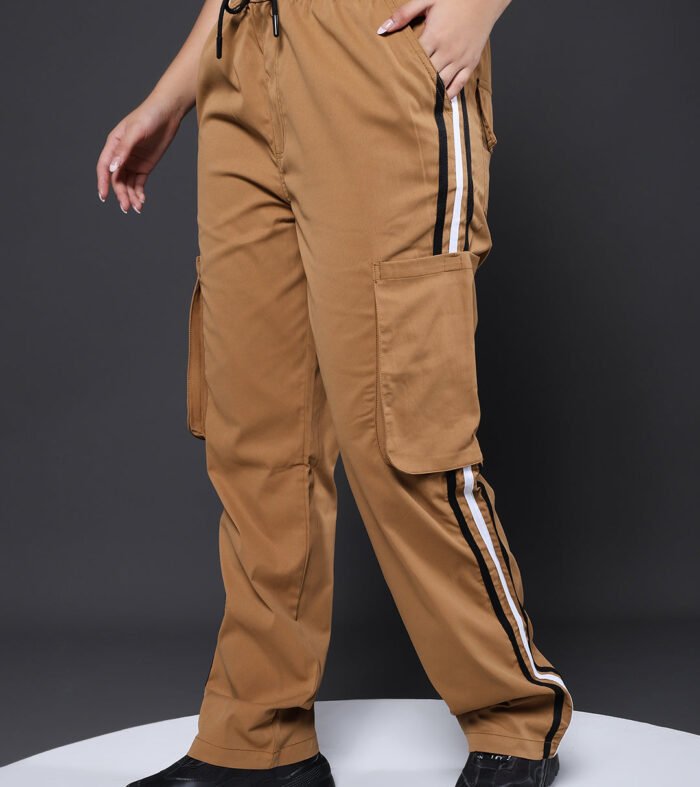 Women Striped Cargo Joggers - Khaki