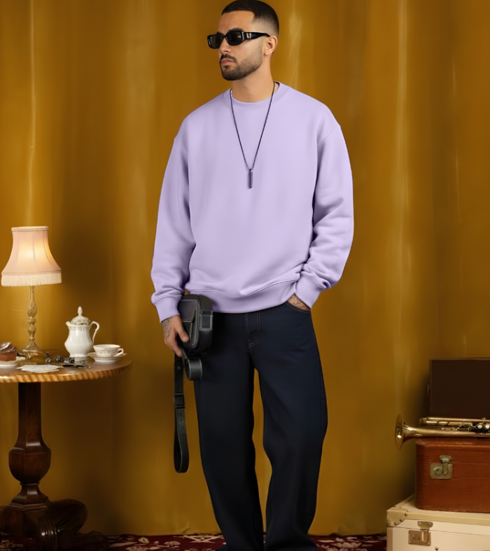 Solid Lilac Men Drop Shoulder Premium Terry Sweatshirt