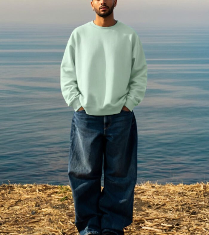 Solid Men Drop Shoulder Premium Terry Sweatshirt - Mint Green