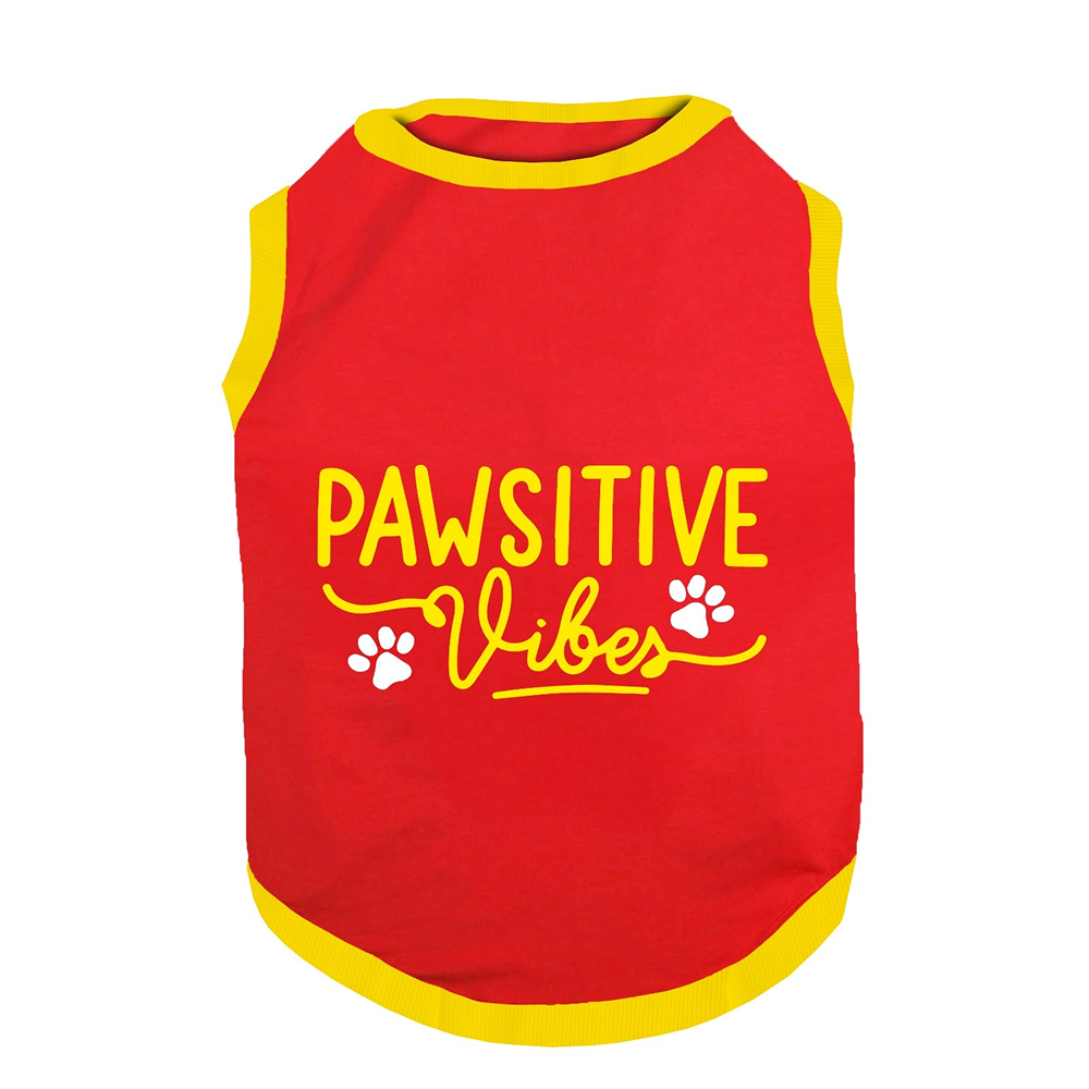 PawsIndia Pawsitive Vibes Printed with Ribbed Sleeves TShirt for Cats (Red)