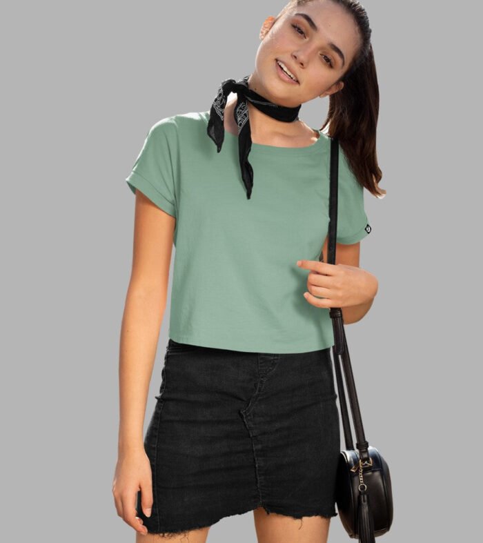 Solid Women Half Sleeve Crop Top - Mint Green