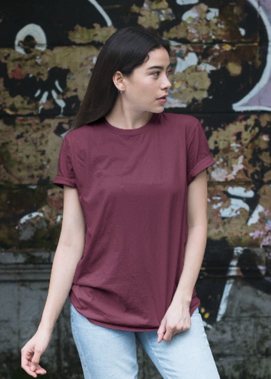 Women Solid Half Sleeve T Shirt Wine