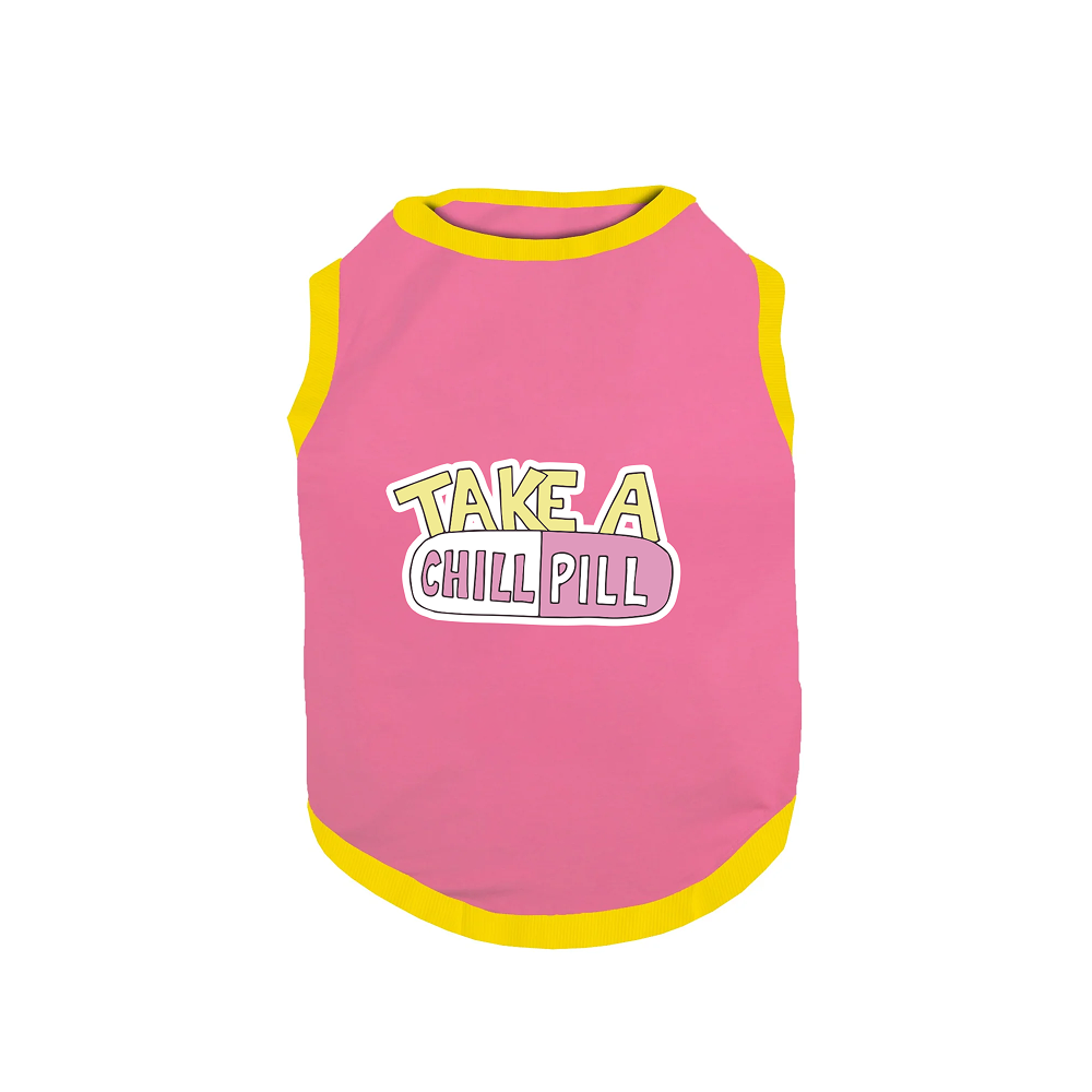 PawsIndia Take A Chill Pill Printed with Ribbed Sleeves TShirt for Cats (Pink)