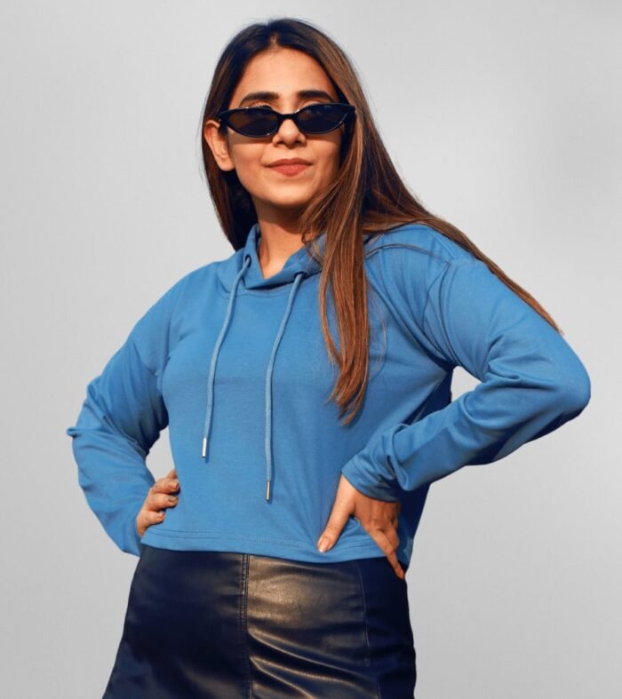 Denim Blue Women Cropped Solid Hoodie | Shop Now | Pronk