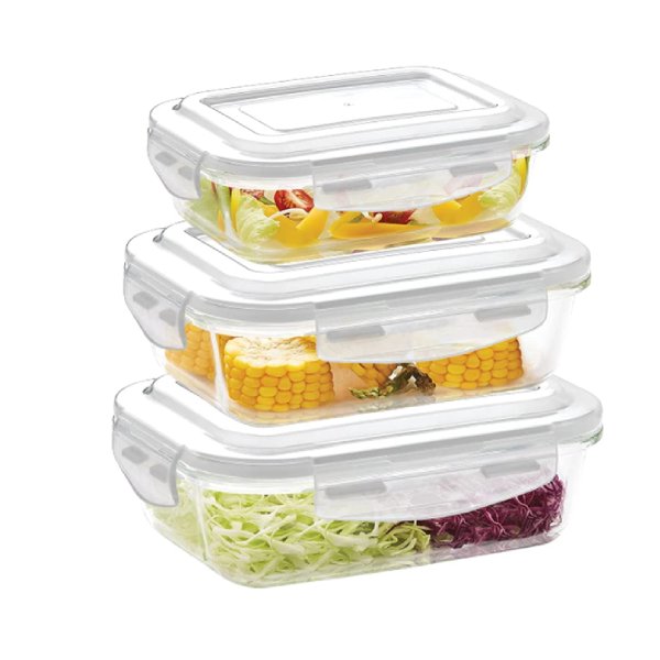 Borosil Klip N Store Glass Storage Containers For Kitchen With Air-Tight Lids, Microwave & Oven Safe, Rectangle, Set of 3 (370 ml + 640 ml +1040 ml), Clear