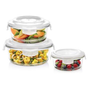 Borosil Klip N Store Glass Storage Containers for Kitchen with Air-Tight Lids, Microwave & Oven Safe, Round, Set of 3 pcs (400 ml + 620 ml 950 ml), Clear