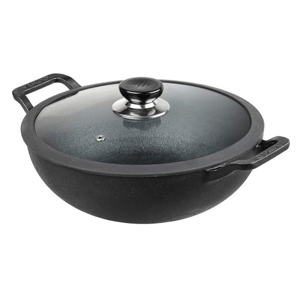 Vinod Legacy Pre-Seasoned Cast Iron Kadai, 24 cm,Induction Friendly,Black, 1 Piece, 3.3 Ltr.