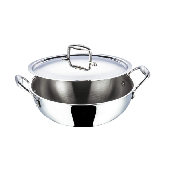 Vinod Platinum 3.3 litre SAS Tri-Ply Extra Deep Kadhai with steel lid induction base 24 cm