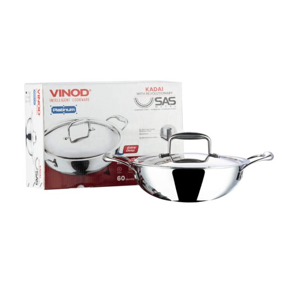 Vinod Platinum Triply Stainless Steel Extra Deep Kadai with Lid- 22 cm, 2.4 Ltr (Induction Friendly)