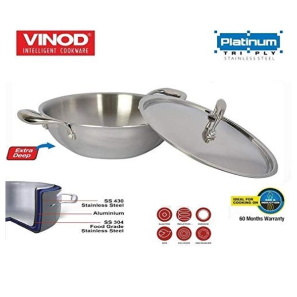 Vinod Cookware 1.5 Litre Induction Friendly Platinum Food Grade 18/8 Stainless Steel Triple Layered (TRI PLY) Deep Kadai with Stainless Steel Lid (20cm, 1.5 Litre)