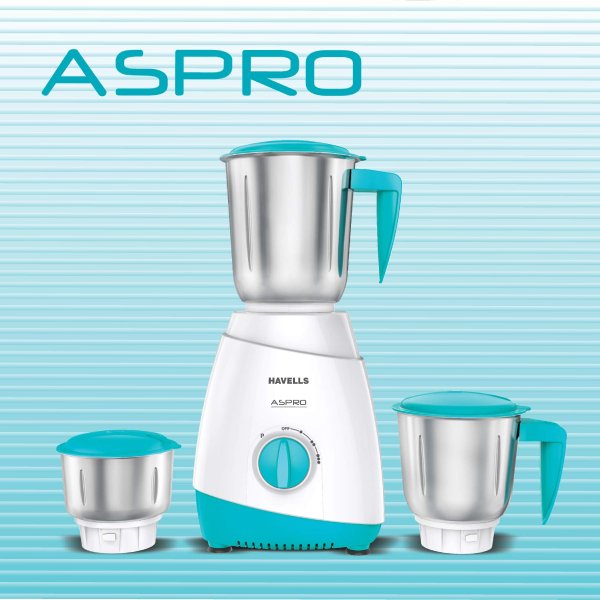Havells ASPRO 500 Watt Mixer Grinder with 3 Stainless Steel Jar (White & Light Blue) 2 year warrenty