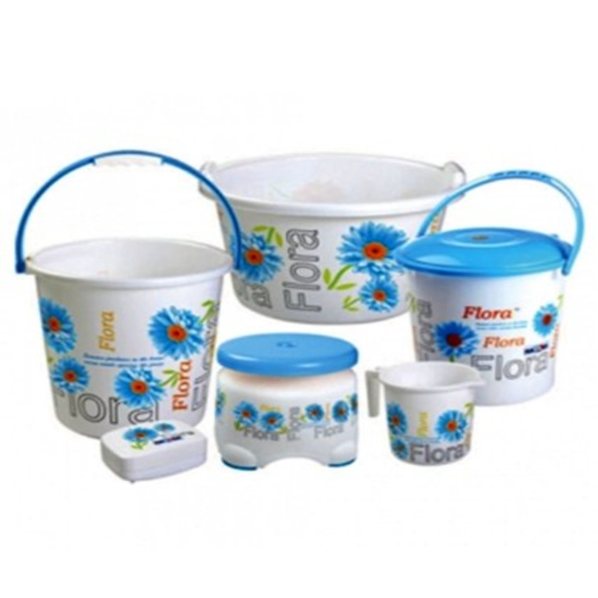 Nayasa Printed Small Bathroom Plastic Bucket and Mug Set, 6-Pieces, Blue colour