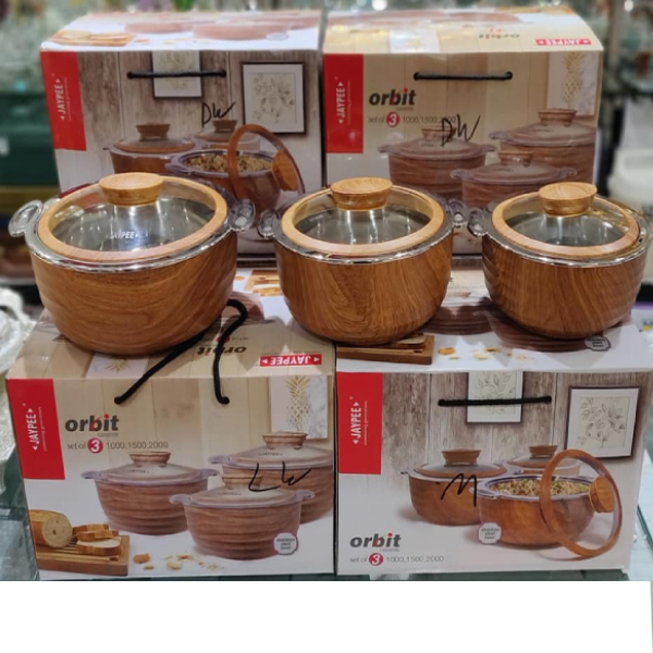 JAYPEE Wooden Colour Orbit Casserole (Dark Wood, 1000 ml + 1500 ml + 2000 ml) – Set of 3