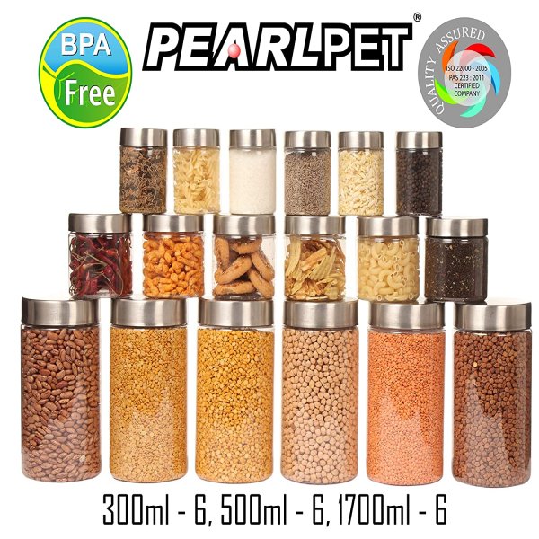PEARLPET Plus Range Plastic Container Jars with Steel Cap Kitchen Storage 300 ml 500 ml 1700 ml Set Pack of 18 PCs air Tight Lid