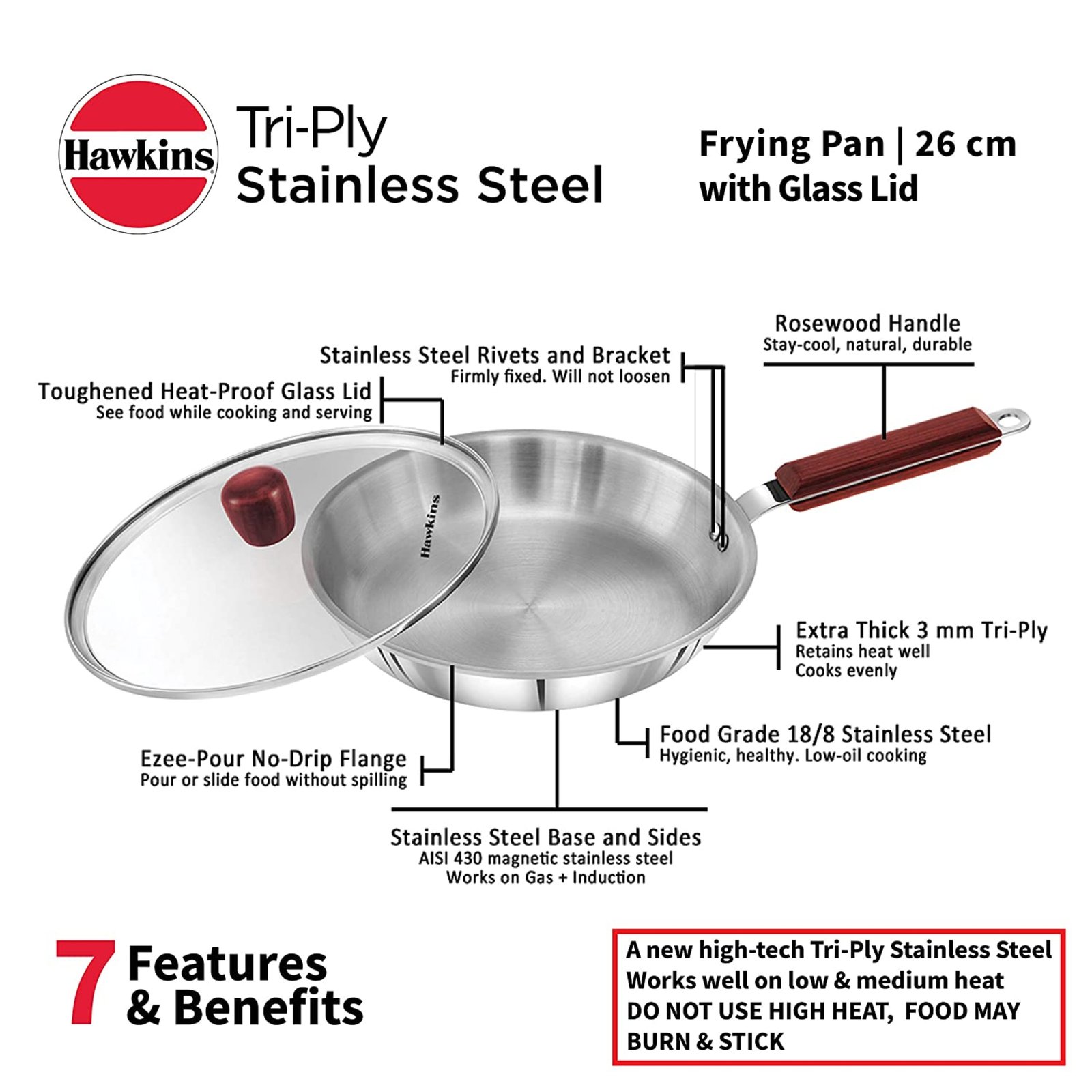 Hawkins 26 cm Stainless Steel Tri-Ply Frying Pan With Glass Lid SSF26G