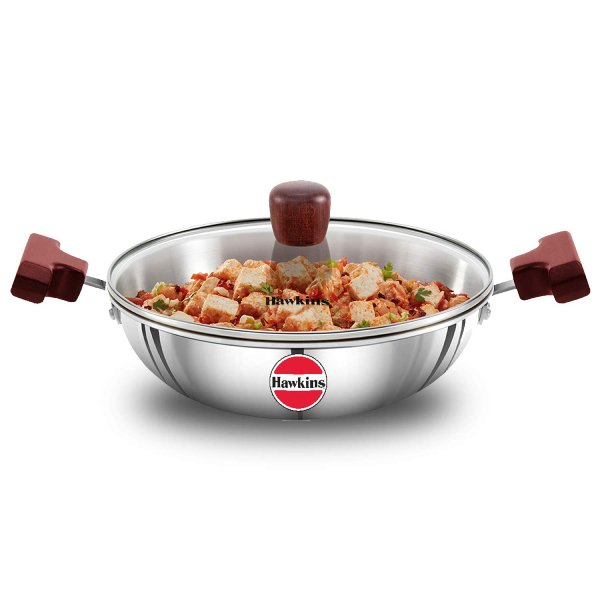 Hawkins Tri-Ply Kadhai Stainless Steel Induction Compatible Deep-Fry Pan with Glass Lid, Capacity 1.5 Litre, Diameter 22 cm, Thickness 3 mm, Silver (SSD15G)